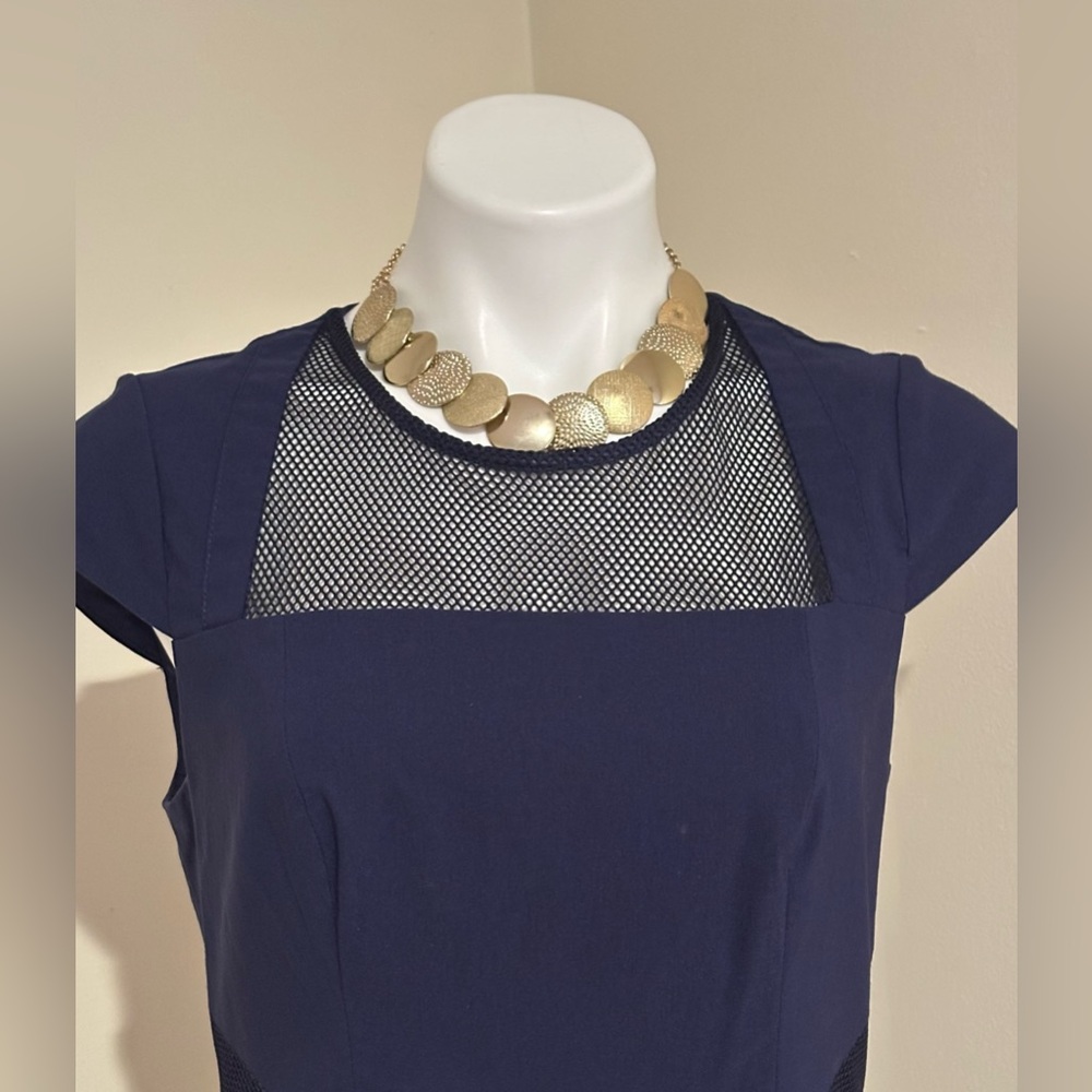 BLACK SAKS FITH AVANUE Blue Sheath Dress Square Neck Cap Sleeve Net Bodice Sz 10 - Picture 5 of 16